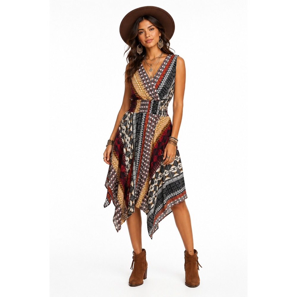 Festival Patchwork Dress Midi Asymmetrical Southwestern Aztec Geometric 10 / M